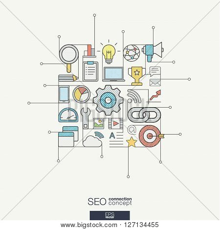 SEO integrated thin line symbols. Modern color vector concept, with connected flat design icons. Abstract background illustration for digital network, analytics, social media and market concept