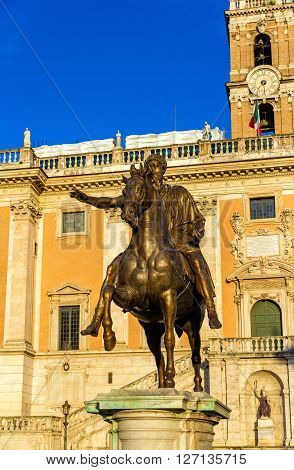 Equestrian Statue of Marcus Aurelius and Palazzo Senatorio in Rome, Italy