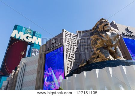 LAS VEGAS, NEVADA - SEPTEMBER 9, 2015: Exterior views of the MGM Grand Casino on the Las Vegas Strip on September 9 2015. The MGM Grand Casino is a famous and popular luxury casino in Vegas.