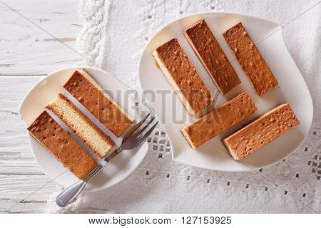 Japanese Cake Kasutera Close-up On A Plate. Horizontal Top View