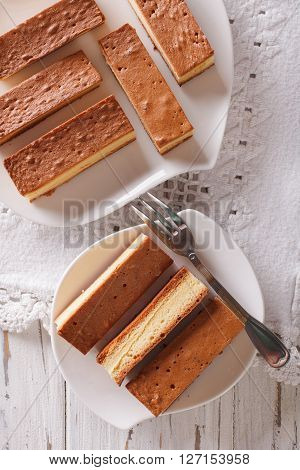 Castella Japanese Cake On A Plate Closeup. Vertical View From Above