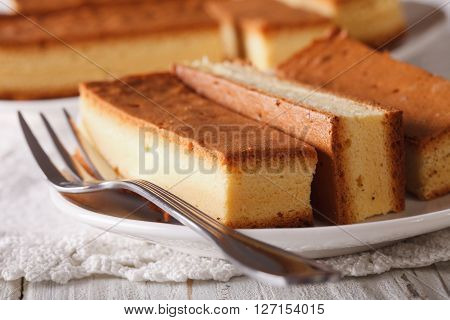 Delicious Sliced Japanese Castella Cake Closeup. Horizontal