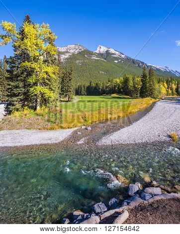 The shallow stream among green and yellow grass lawns. Delightful park Banff in the Rocky Mountains of Canada