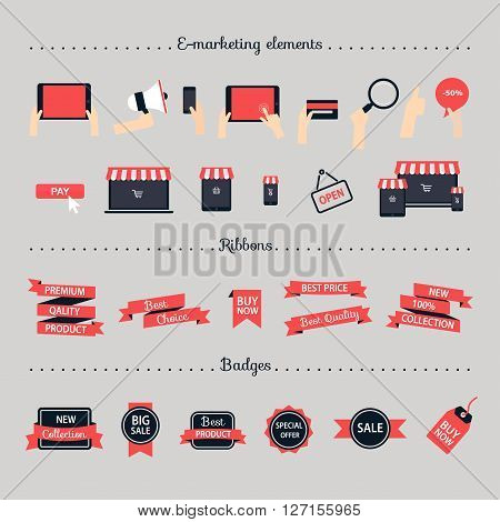 Online shopping e-marketing e-comerce online shop development concept. Flat design style modern vector illustration.