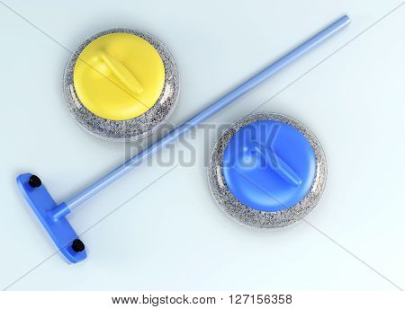 Top view of the curling stones and brush the ice. 3d rendering.