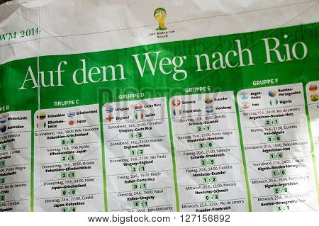 FRANKFURT GERMANY - OCT 18 2014: FIFA World Cum result and schedules seen on a german magazine page