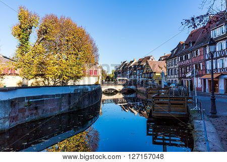 COLMAR FRANCE - NOVEMBER 5, 2015: Exterior views of historic buildings and landmarks in the old town part of Colmar on November 5, 2015. Colmar is a city in region Alsace in France.