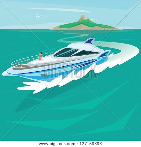Young girl in a swimsuit sunbathing on the big fashion luxury yacht which floats from the island in the open ocean - Paradise pleasure or Luxury holidays concept