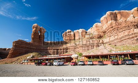 BLUFF UTAH USA - AUGUST 27: Views of the stone formation called Twin Rocks and the Twin Rocks Cafe in Bluff on August 27 2015. Bluff is a small Village in southern Utah.