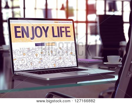 Enjoy Life Concept Closeup on Landing Page of Laptop Screen in Modern Office Workplace. Toned Image with Selective Focus. 3D Render.