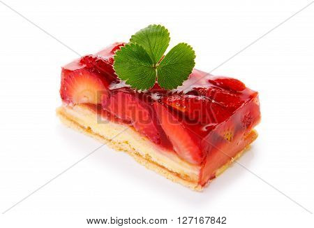 Strawberry pie isolated on  white background.Fruitcake and green leaf.