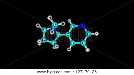 Nicotine is a potent parasympathomimetic alkaloid found in the nightshade family of plants and is a stimulant drug. 3d illustration.