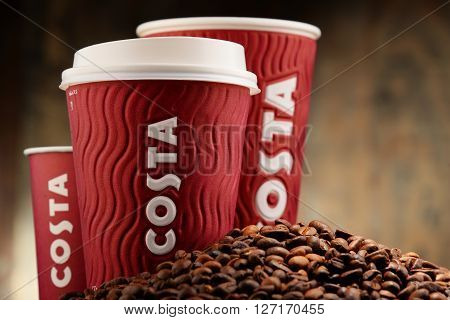 POZNAN POLAND - APRIL 24 2016: Costa Coffee is a British multinational coffeehouse company headquartered in Dunstable Bedfordshire; second largest coffeehouse chain in the world.