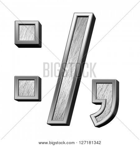 Colon, semicolon, period, comma from brushed stainless steel alphabet set, isolated on white. 3D illustration.