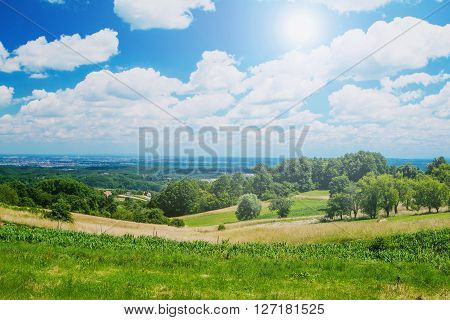 Idyllic landscape in Zumberak, Croatia, summer view, sunny day, lens flare
