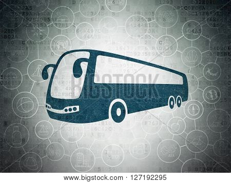 Tourism concept: Painted blue Bus icon on Digital Data Paper background with Scheme Of Hand Drawn Vacation Icons