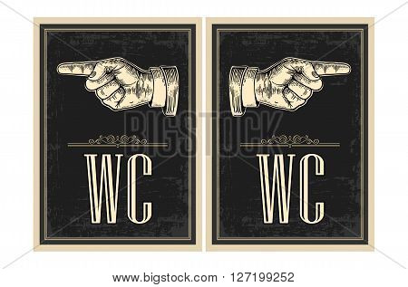 Pointing finger.  Vector vintage engraved illustration on a black background. Hand sign for web, poster, info graphic