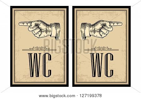 Pointing finger.  Vector vintage engraved illustration on a beige background. Hand sign for web, poster, info graphic