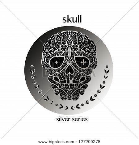 Dead Head. Vector skull icon in a circle. Concept image of decorative skull. Modern trend - linear design. Illustration skull logo sign symbol object of nature. Series black white and silver.