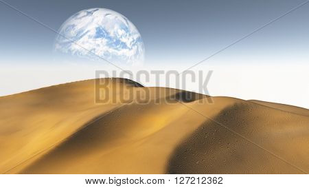 Amber Sand  Desert with Terraformed Moon or earth from terraformed moon or exoplanet 3D Render