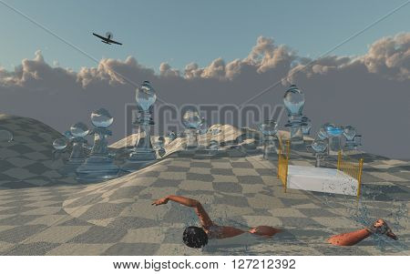 Woman swims through sands of surreal desert 3D Render