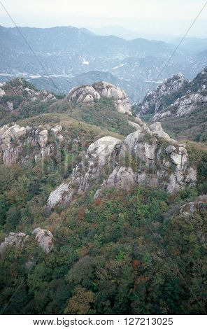 A view of mountain tops in the Songnisan National Park of South Korea during the autumn of 1987.