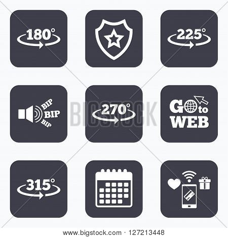 Mobile payments, wifi and calendar icons. Angle 180-315 degrees icons. Geometry math signs symbols. Full complete rotation arrow. Go to web symbol.