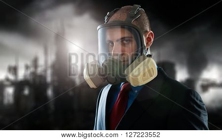 Businessman in a polluted post atomic world