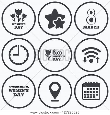 Clock, wifi and stars icons. 8 March Women's Day icons. Tulips or rose flowers bouquet sign symbols. Calendar symbol.