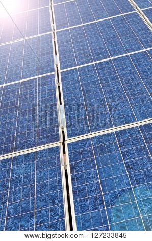 Solar panel with bright sun lens flares