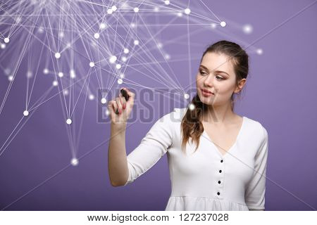 Global network connection concept, woman working with futuristic computer interface.