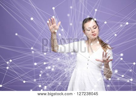 Global network concept, woman working with futuristic computer interface.
