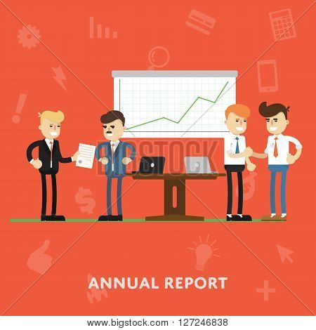 Presentation business project to investor. Business presentation concept. Teamwork business concept vector illustration. Presentation to partnership. Business people work. People meeting start up concept. Business Discussion. Teamwork presentation concept
