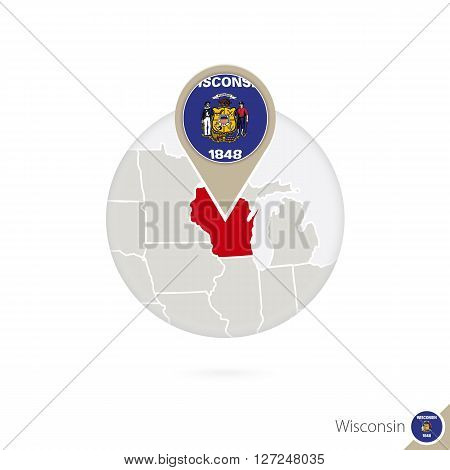 Wisconsin Us State Map And Flag In Circle.
