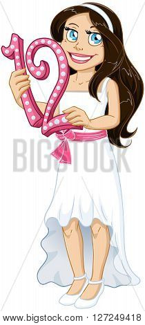 Vector illustration of a Jewish girl holds the number 12 for Bat Mitzvah.