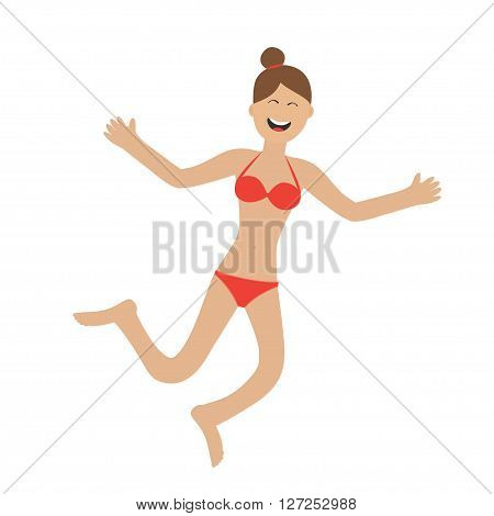 Young woman wearing swimsuit jumping isolated. Happy girl jump. Cute cartoon laughing character in red swimming suit Smiling woman Bikini bathing suit. White background Flat design Vector illustration