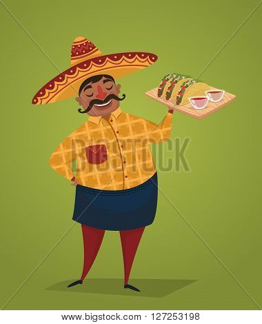 Mexican chef with tacos. Mexican food concept. Man in Mexican national costume. Vector character in cartoon style. Banner of mexican food. Cartoon mexican food poster. National food from Mexico. Mexican people concept.