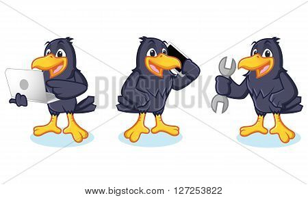 Crow Mascot vector with phone and laptop