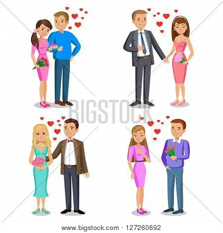 Set of Happy couples. Romantic couple love relationship and dating concept. Man gives woman bouquet. Couple vector illustration isolated on white background