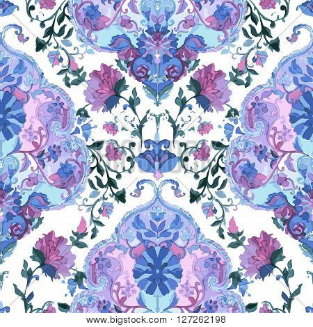 Watercolor Paisley Seamless Background on White. Cold Colors. Indian, Persian or Turkish Art. Vector Handdrawn Pattern.