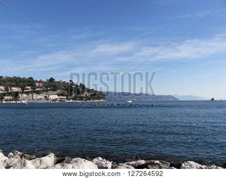 Landscape of Golfo Dei Poeti with its mussel farm in the sea. Province of La Spezia Italy
** Note: Visible grain at 100%, best at smaller sizes