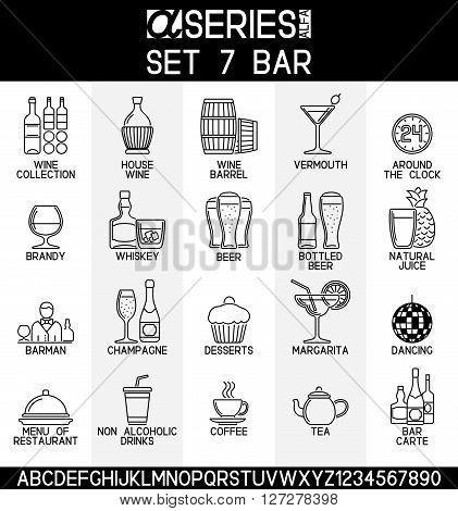 Set of line design icons of bar and alcoholic non alcoholic drinks EPS 8.