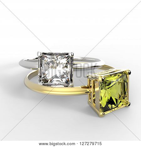 Wedding rings with diamond on a white background. Fashion jewelery. 3d digitally rendered illustration