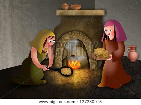 A cartoon illustration of ancient hebrew women baking unleavened bread for the passover meal.