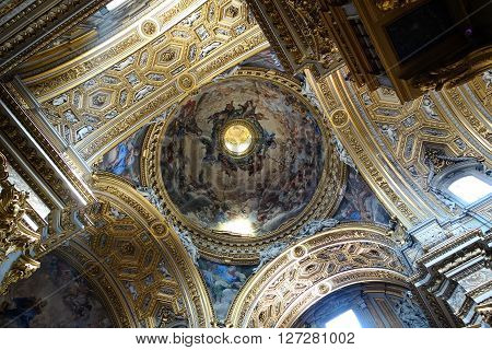 ROME ITALY - APRIL 19 2016: Baroque ceiling in the Santa Maria in Vallicella aka Chiesa Nuova
