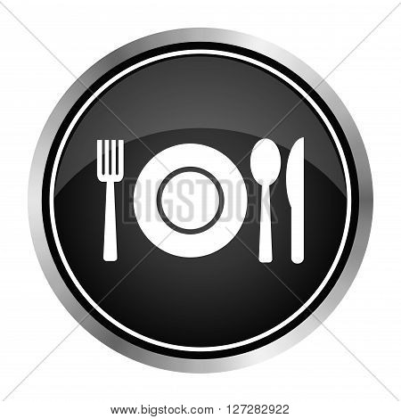 Fork spoon and plate  icon. Vector black round icon