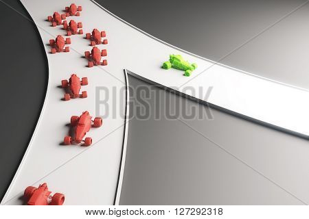 Different direction concept with abstract green car going in one direction and flow of red cars in another. Frontview 3D Rendering