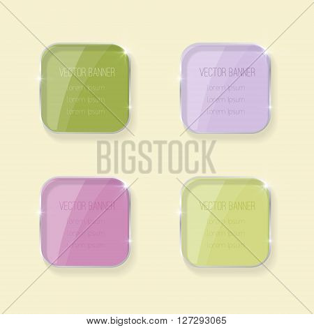 Vector banners set. 4 bright colors. glass elements. Vector banner with a glass surface for your business titles. violet, green. with rounded corners