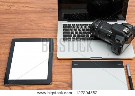 Dslr Digital Camera With Tablet And Notebook Laptop
