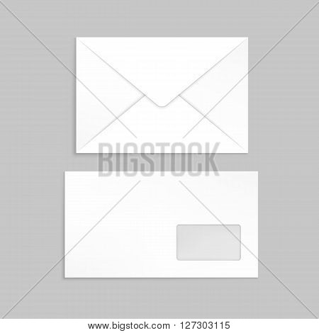 Two white envelopes for identy design. Blank envelopes on gray background